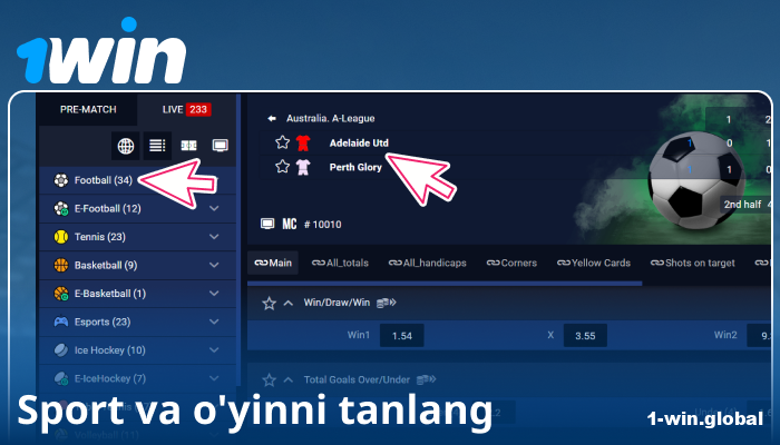1Win UZ da sport voqeasini tanlang
